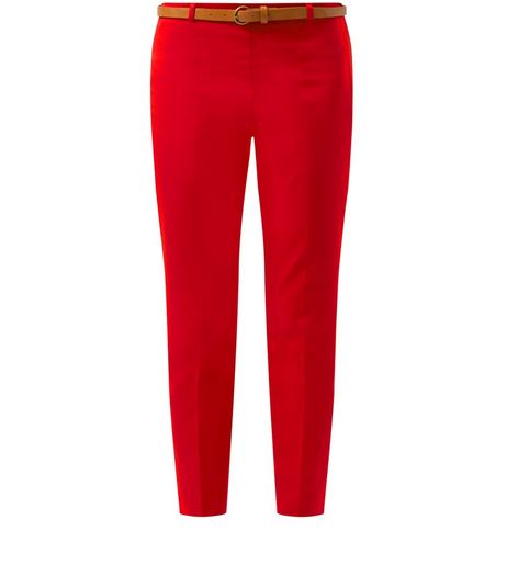Red Belted Slim Leg Cropped Trousers | New Look
