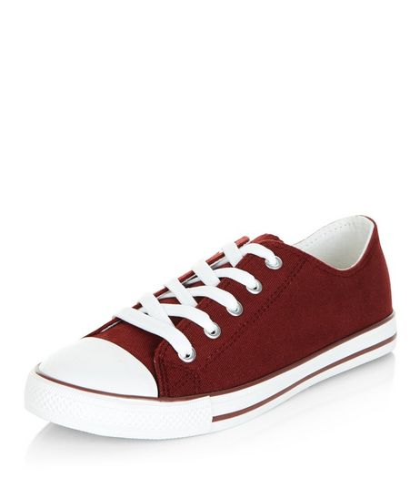 Dark Red Lace Up Stripe Sole Plimsolls | New Look