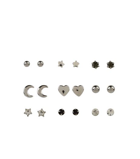 9 Pack Silver Mixed Mini Stud Earrings | New Look