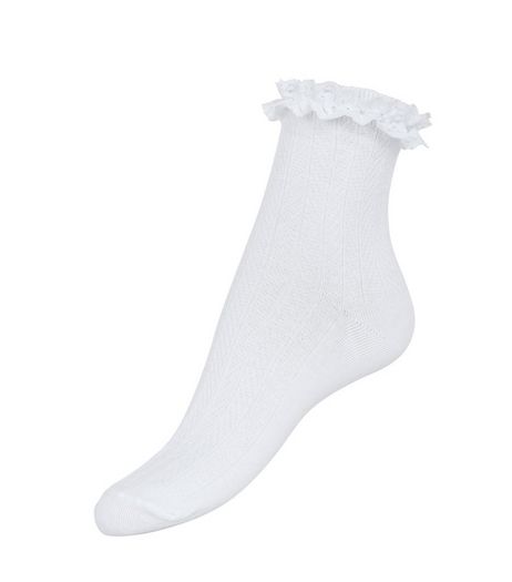 White Cable Knit Frill Trim Socks | New Look