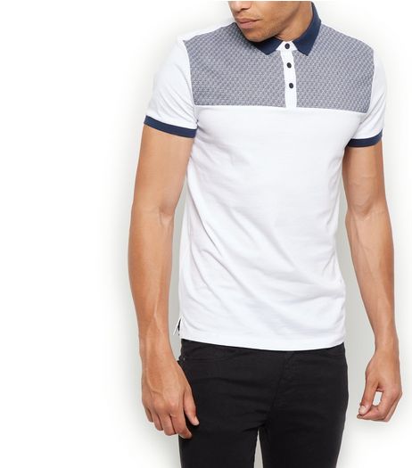 White Contrast Ditsy Panel Polo Shirt | New Look