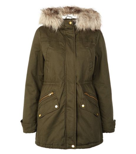 Khaki Faux Fur Trim Hooded Parka | New Look
