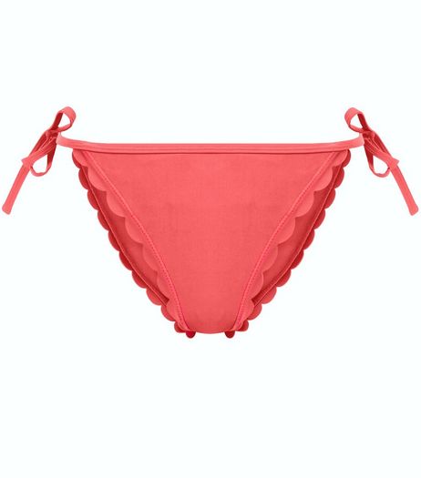 Red Scallop Hem Tie Side Bikini Bottoms | New Look
