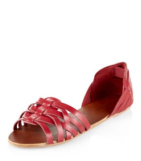 Red Leather Woven Sandals | New Look