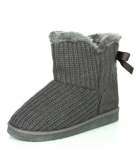 Grey Knitted Bow Back Short Boots | New Look
