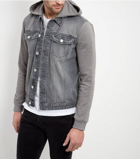Grey Jersey Sleeve Hooded Denim Jacket | New Look