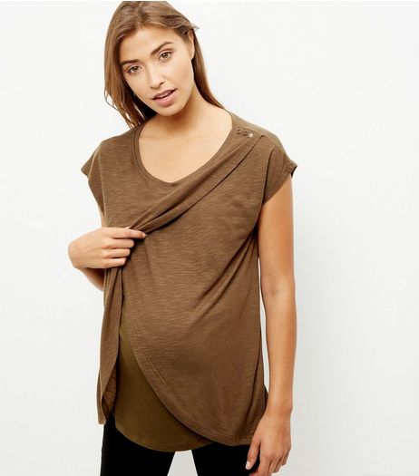 Maternity Khaki Wrap Front Nursing T-Shirt | New Look