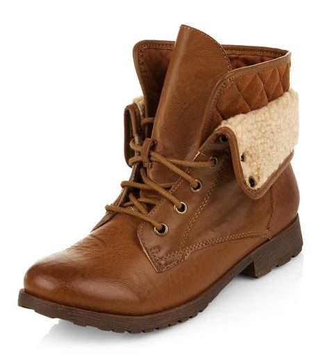 Tan Shearling Trim Lace Up Ankle Boots | New Look