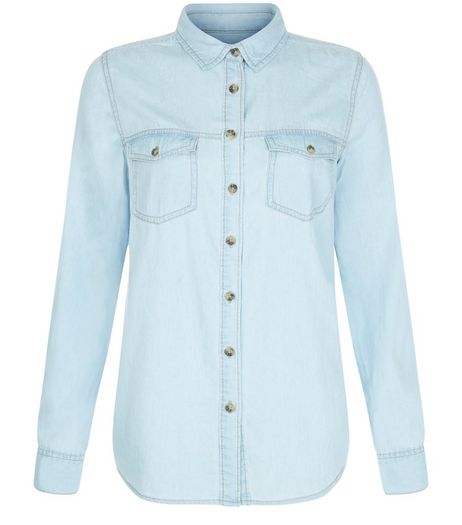 Light Blue Denim Double Pocket Long Sleeve Shirt | New Look
