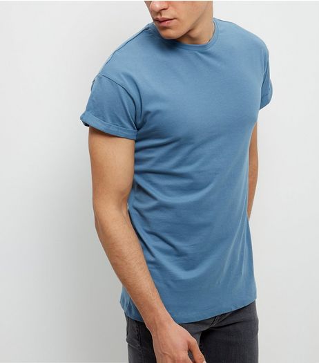 Blue Roll Sleeve T-Shirt | New Look