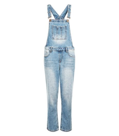 Blue Bleached Denim Cigarette Dungarees | New Look