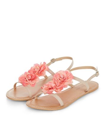Wide Fit Stone Leather Flower Sandals  | New Look
