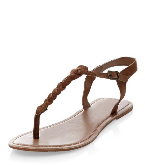 Wide Fit Tan Suede Plaited Strap Sandals | New Look