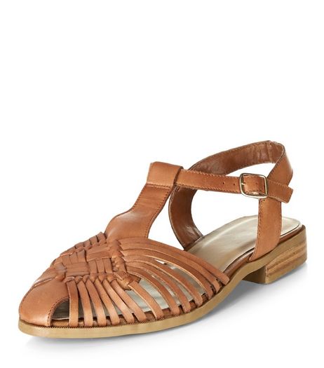 Tan Leather Woven T-Bar Sandals | New Look