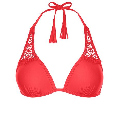 Red Crochet Panel Bikini Top | New Look