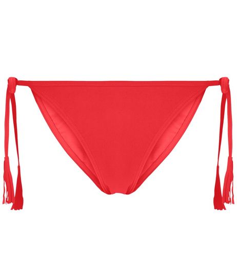 Red Tassel Tie Side Bikini Bottoms | New Look