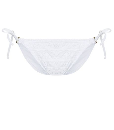 White Crochet Ring Tie Side Bikini Bottoms | New Look