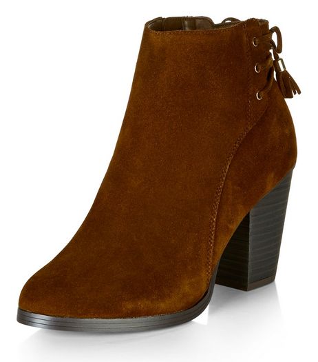 Tan Suede Lace Up Back Block Heel Ankle Boots | New Look
