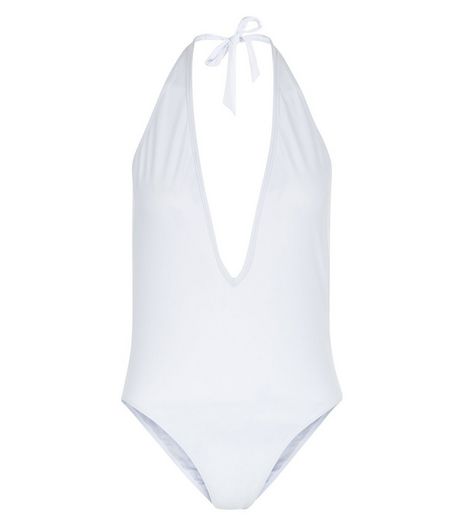 White Plunge Halter Neck Swimsuit | New Look