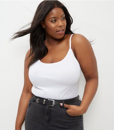 Curves White Scoop Neck Shoestring Vest | New Look
