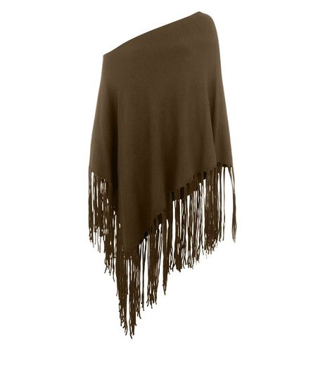 Khaki Bardot Neck Fringed Poncho | New Look