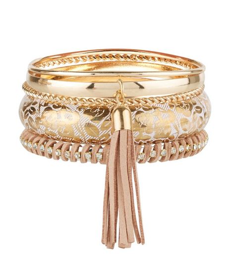 Rose Gold Floral Print Tassel Bangles | New Look