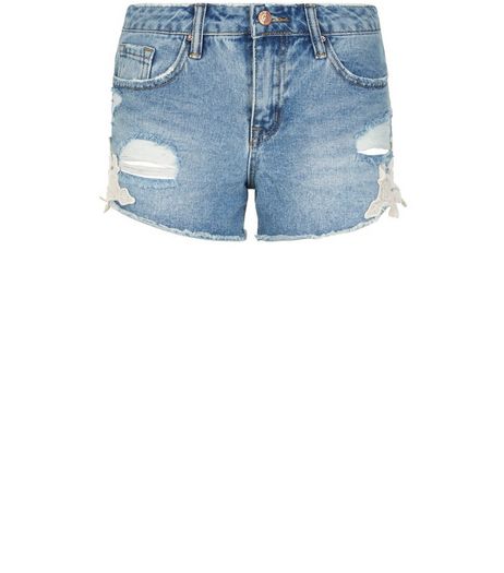 Blue Crochet Hem Ripped Denim Shorts | New Look