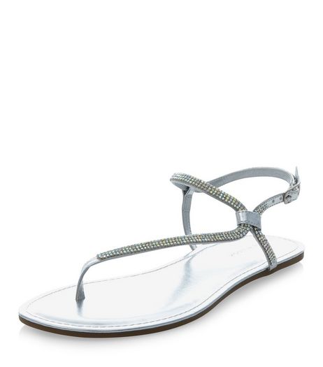 Silver Embellished Asymmetric Sandals | New Look
