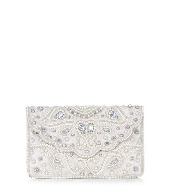 Stone Pearl Embellished Scallop Envelope Clutch  | New Look