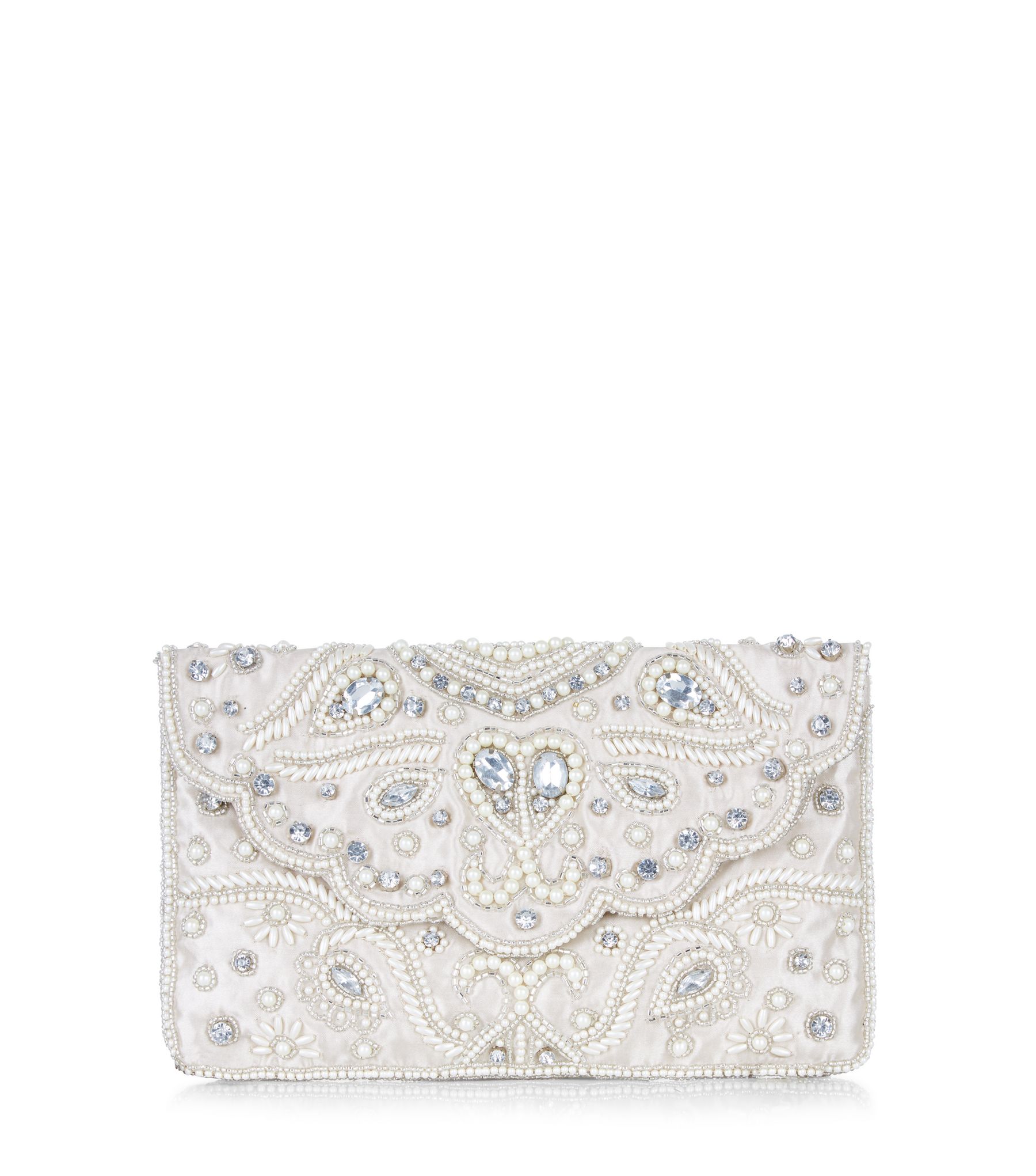 Stone Pearl Embellished Scallop Envelope Clutch  | New Look