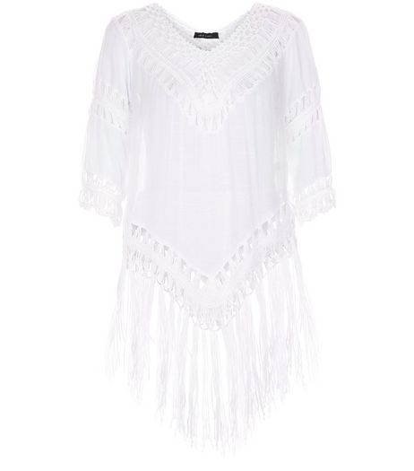 White Crochet Trim Tassel Hem Top | New Look