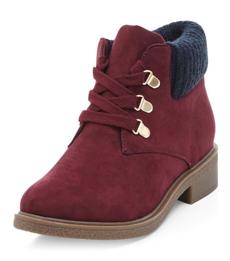 Teens Dark Red Suedette Knitted Cuff Ankle Boots | New Look