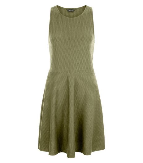 Khaki Jersey Jacquard Sleeveless Skater Dress | New Look