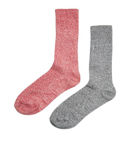 2 Pack Red and Grey Ribbed Socks | New Look
