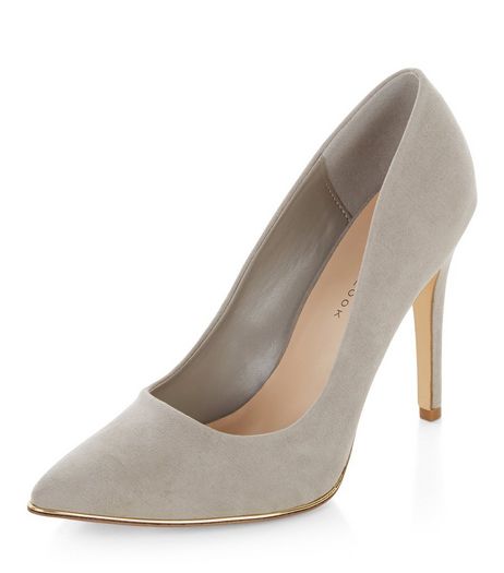 Wide Fit Grey Suedette Metal Trim Pointed Heels | New Look
