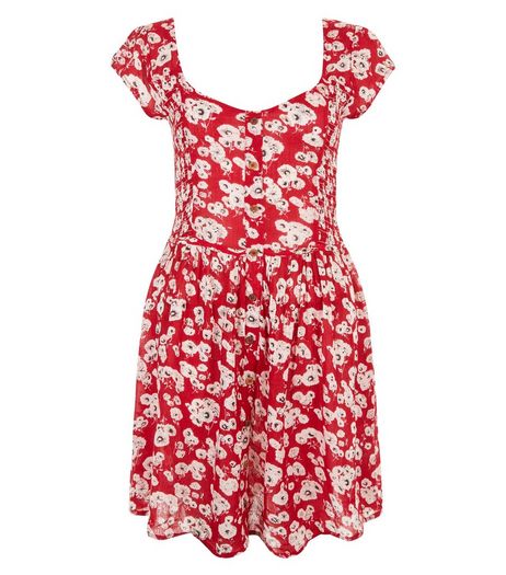 Brave Soul Red Floral Print Button Front Dress | New Look