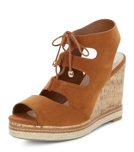 Wide Fit Tan Suedette Ghillie Wedges | New Look