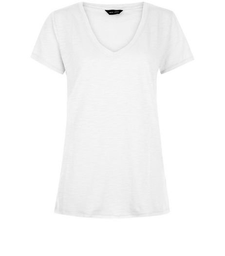 White V Neck Raw Trim T-Shirt | New Look