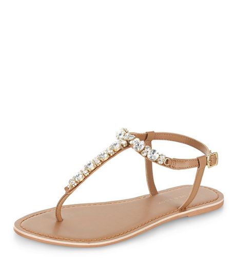 Wide Fit Tan Leather Diamante Sandals | New Look