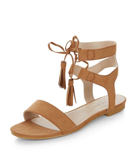 Wide Fit Tan Suedette Lace Up Sandals | New Look