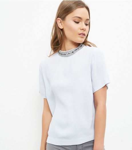 Light Blue Embellished High Neck T-Shirt | New Look