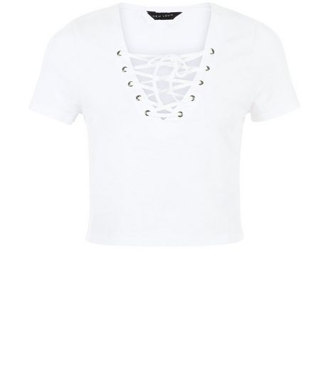 White Lace Up Ribbed Crop Top | New Look