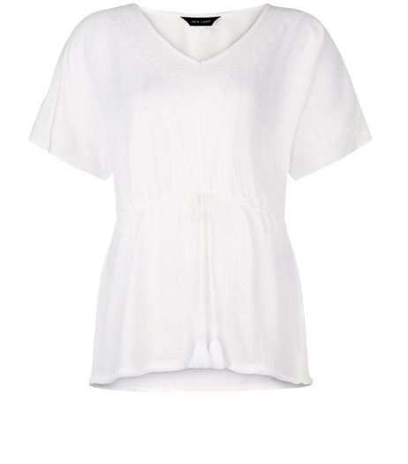 White Embroidered V Neck Tie Waist Top | New Look