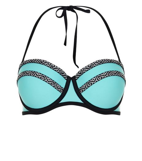 Turquoise Aztec Print Trim Underwired Bikini Top | New Look