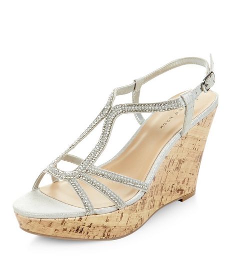 Silver Suedette Diamante Embellished Wedges | New Look
