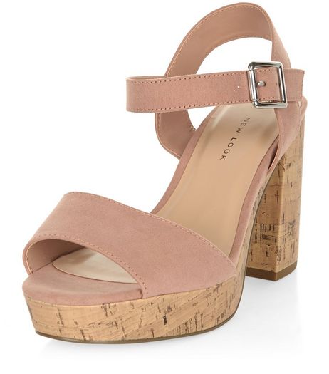 Wide Fit Nude Suedette Contrast Flared Heel Sandals | New Look