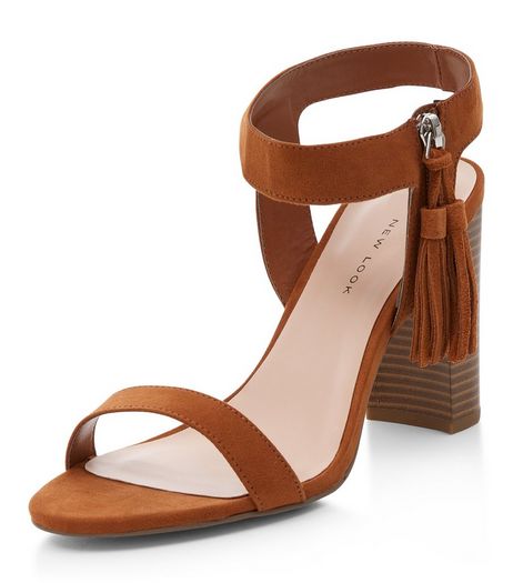 Wide Fit Tan Tassel Side Ankle Strap Block Heels | New Look