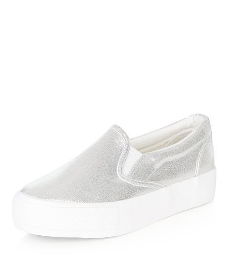 Wide Fit Silver Flatform Slip On Plimsolls | New Look