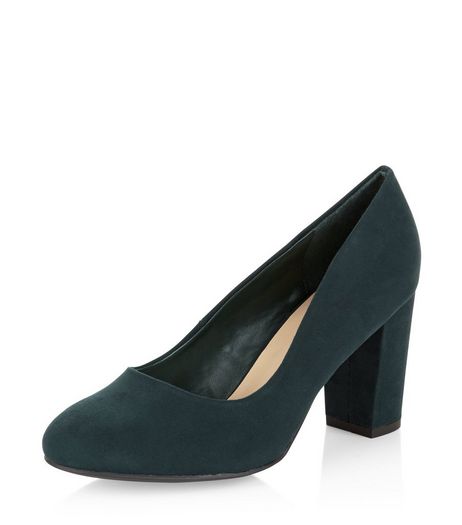 Wide Fit Dark Green Suedette Block Heel Court Shoes | New Look