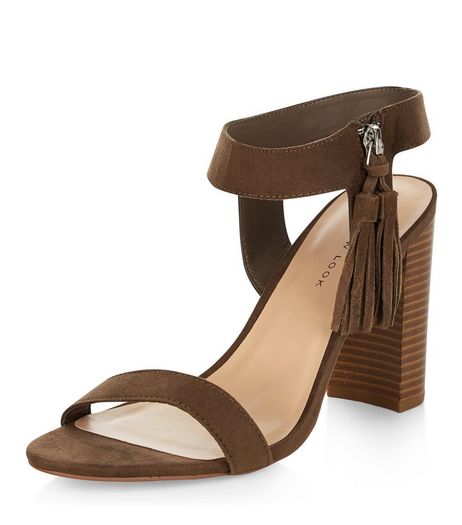 Wide Fit Khaki Suedette Tassel Trim Block Heel Sandals | New Look